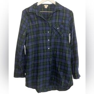 J.Crew Plaid Tunic Top S Holiday Flannel Button Up Blue Green Cozy Pocket